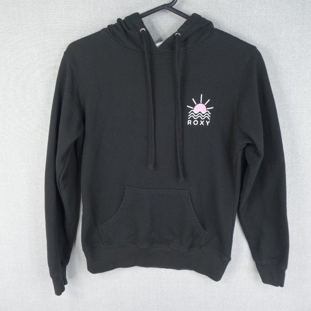 Roxy Hoodie Womens Small Black Pullover Long Sleeve Kangaroo Pockets Graphic